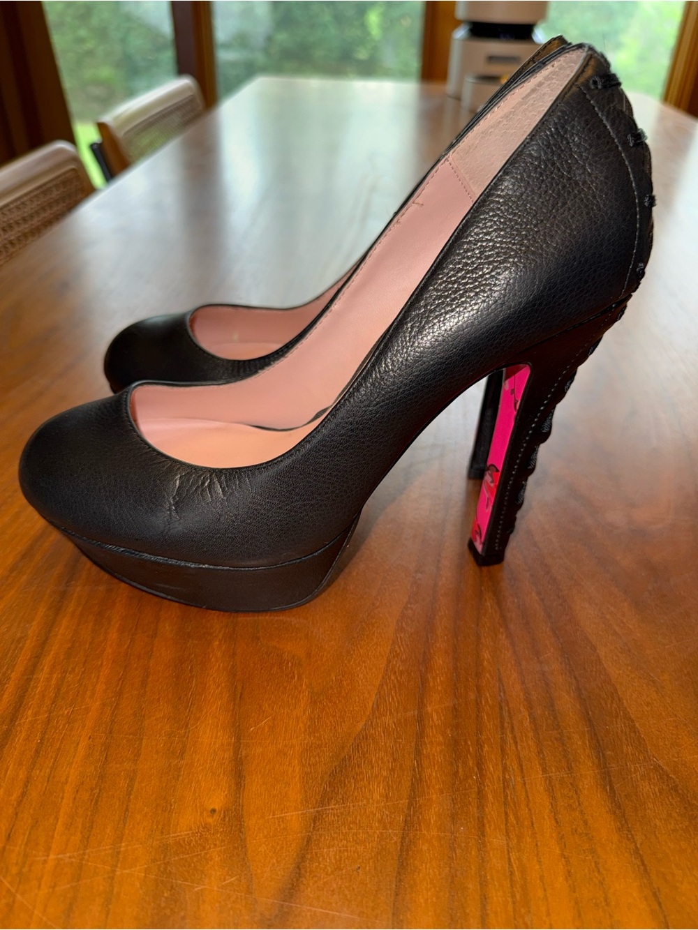 DITA Betsy Johnson Black Leather Platform Stiletto Pumps with Pink Lining
